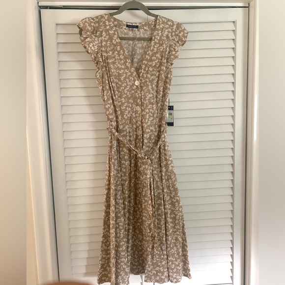 Tommy Hilfiger Tan/White Women's North Beach Leaves Flutter Sleeve Dress. Size 4 - Picture 3 of 5